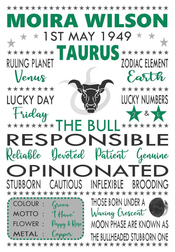 Personalised Taurus Star Sign Zodiac Birthday Horoscope Print Poster ...