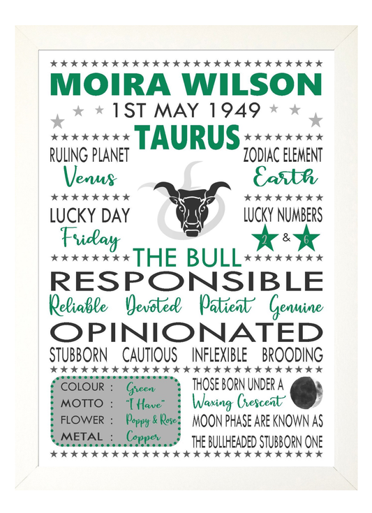 Personalised Taurus Star Sign Zodiac Birthday Horoscope Print Poster