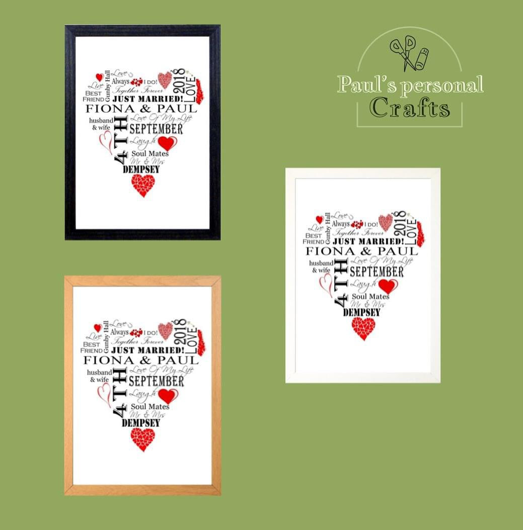 Personalised Red "Wedding Heart" Celebration Word Art A4 Print for Wedding Gift Present, Anniversary Or Engagement. Print Only or in a Frame Choice