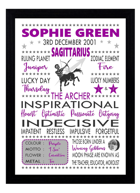 "Personalised Sagittarius" Star Sign Zodiac Birthday Horoscope Print Poster