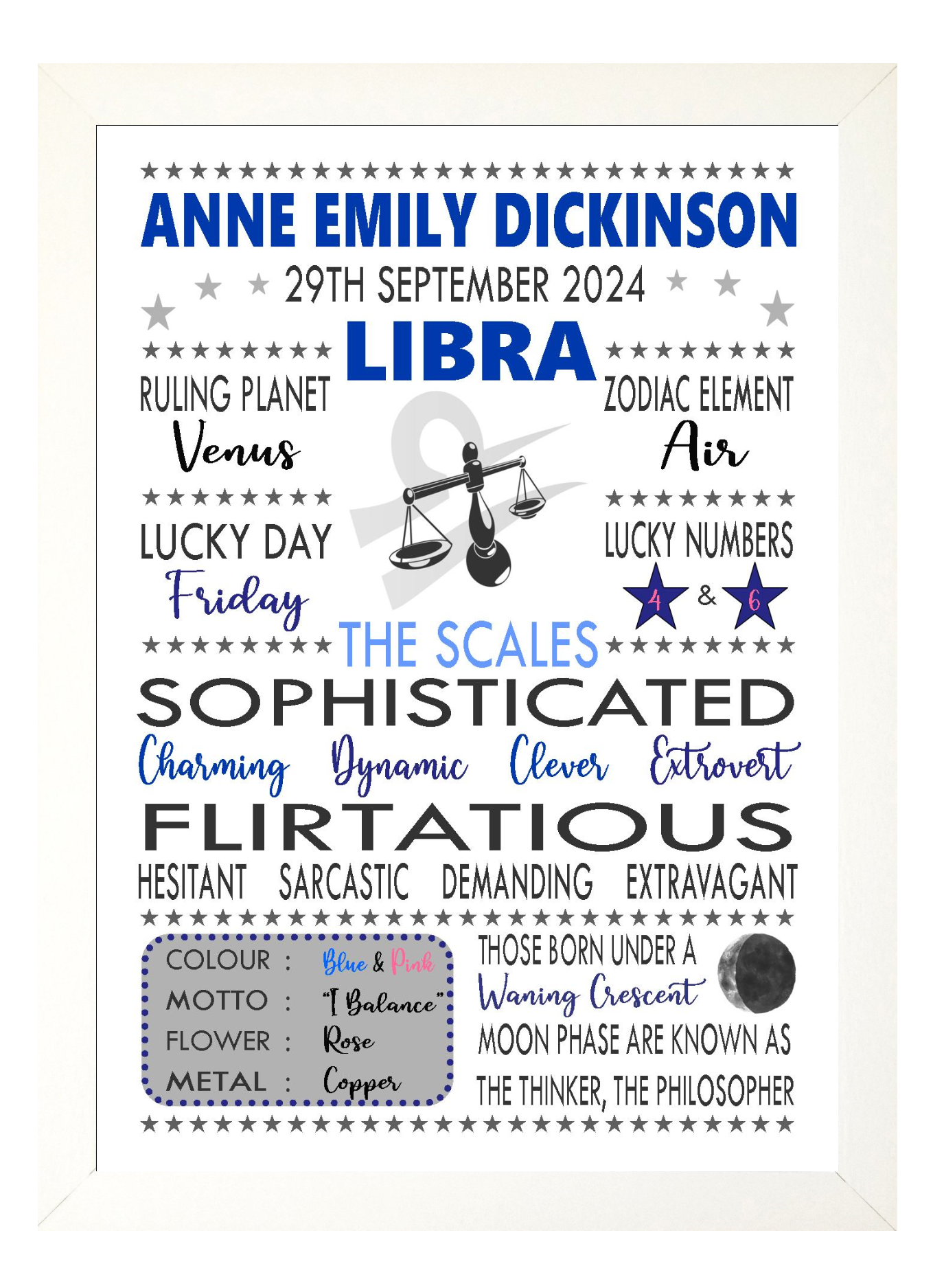 Personalised Libra Star Sign Zodiac Birthday Horoscope Print Poster