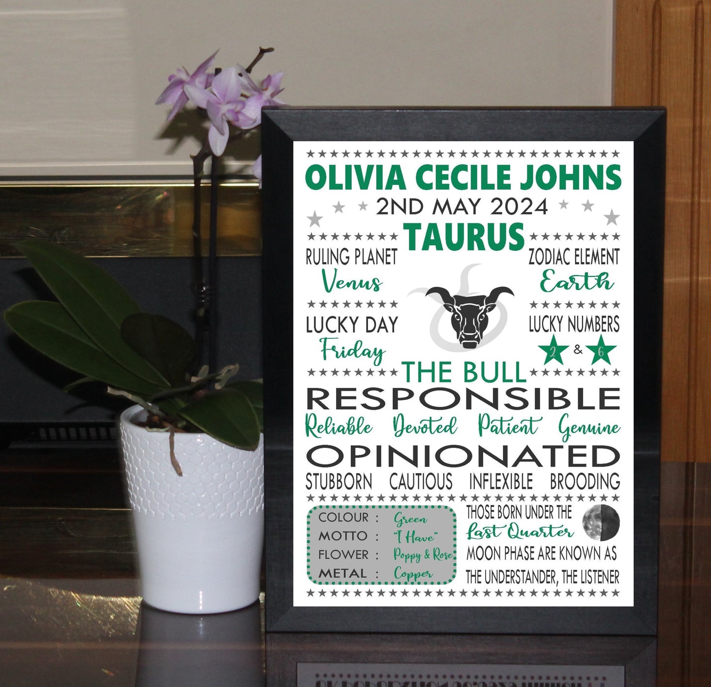 Personalised Taurus Star Sign Zodiac Birthday Horoscope Print Poster