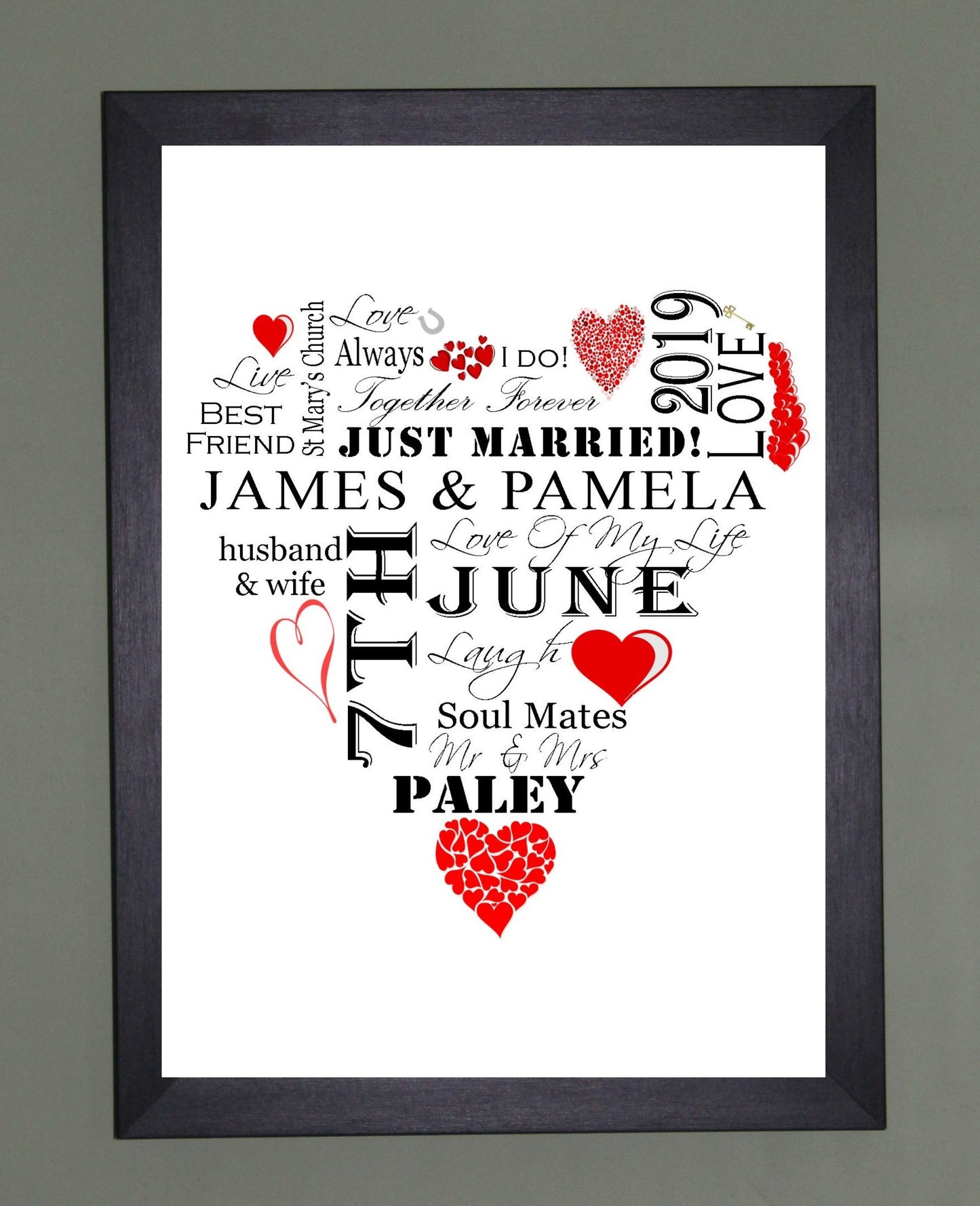 Personalised Red "Wedding Heart" Celebration Word Art A4 Print for Wedding Gift Present, Anniversary Or Engagement. Print Only or in a Frame Choice