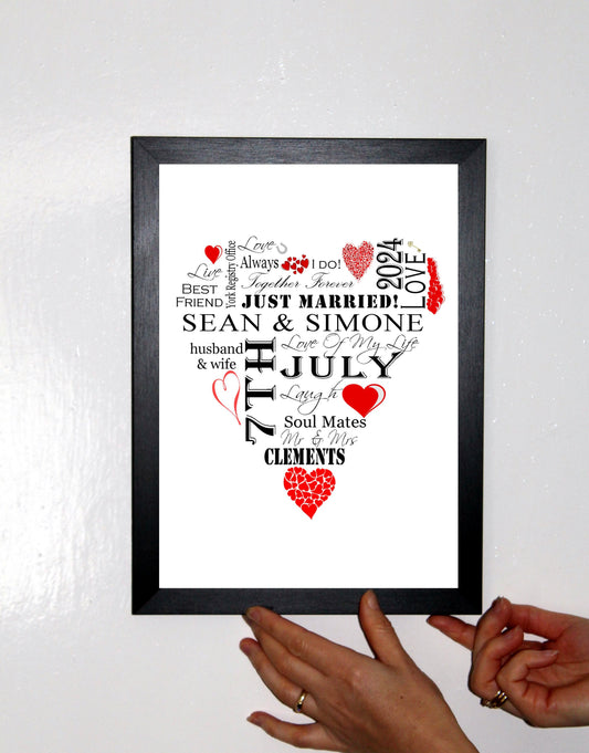 Personalised Red "Wedding Heart" Celebration Word Art A4 Print for Wedding Gift Present, Anniversary Or Engagement. Print Only or in a Frame Choice