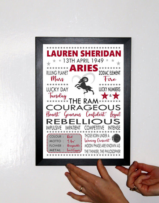 Personalised Aries Star Sign Zodiac Birthday Horoscope Print Poster