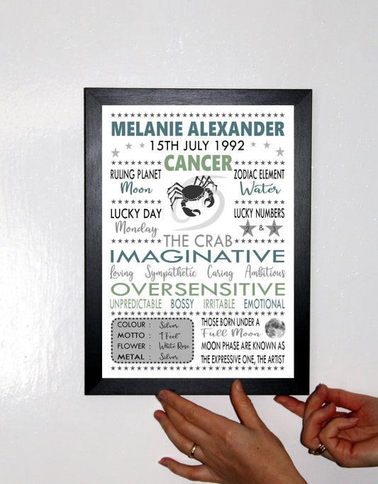 Personalised Cancer Star Sign Zodiac Birthday Horoscope Print Poster