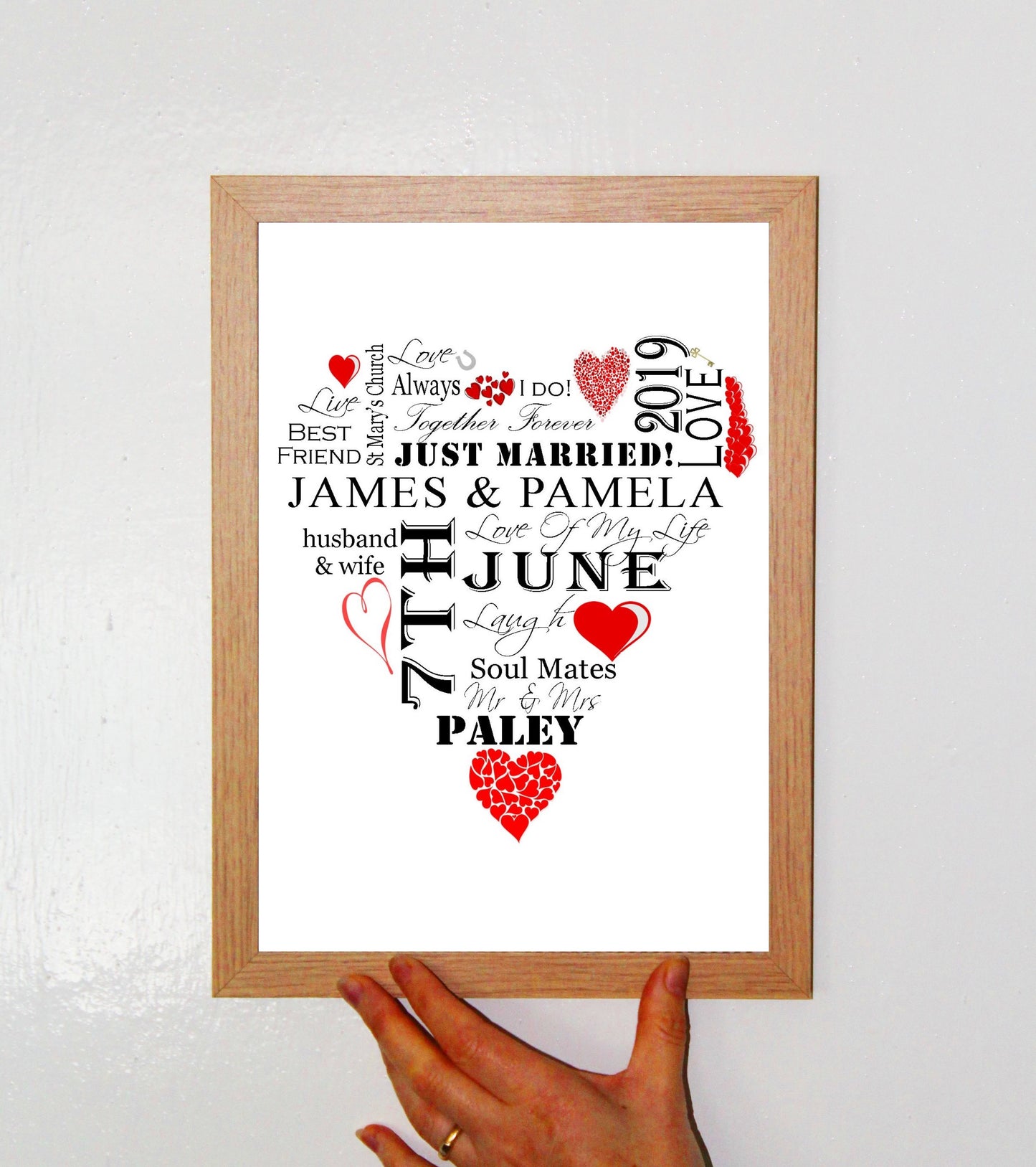 Personalised Red "Wedding Heart" Celebration Word Art A4 Print for Wedding Gift Present, Anniversary Or Engagement. Print Only or in a Frame Choice