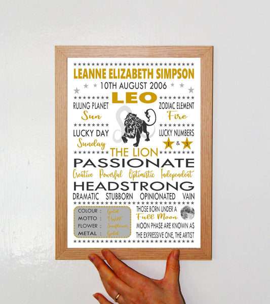 Personalised Leo Star Sign Zodiac Birthday Horoscope Print Poster