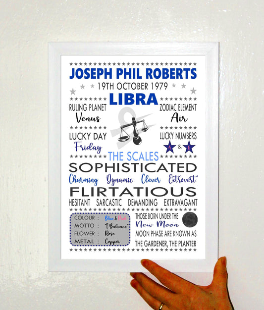 Personalised Libra Star Sign Zodiac Birthday Horoscope Print Poster