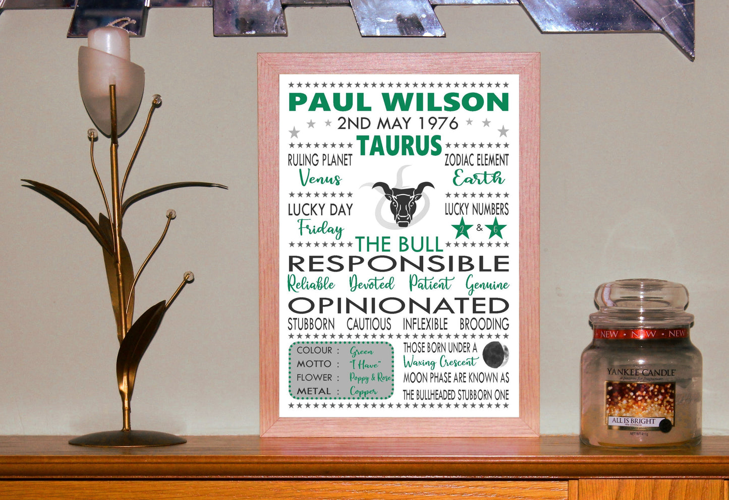 Personalised Taurus Star Sign Zodiac Birthday Horoscope Print Poster