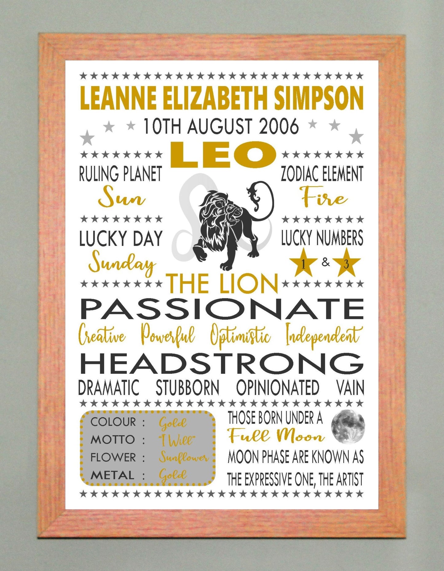 Personalised Leo Star Sign Zodiac Birthday Horoscope Print Poster