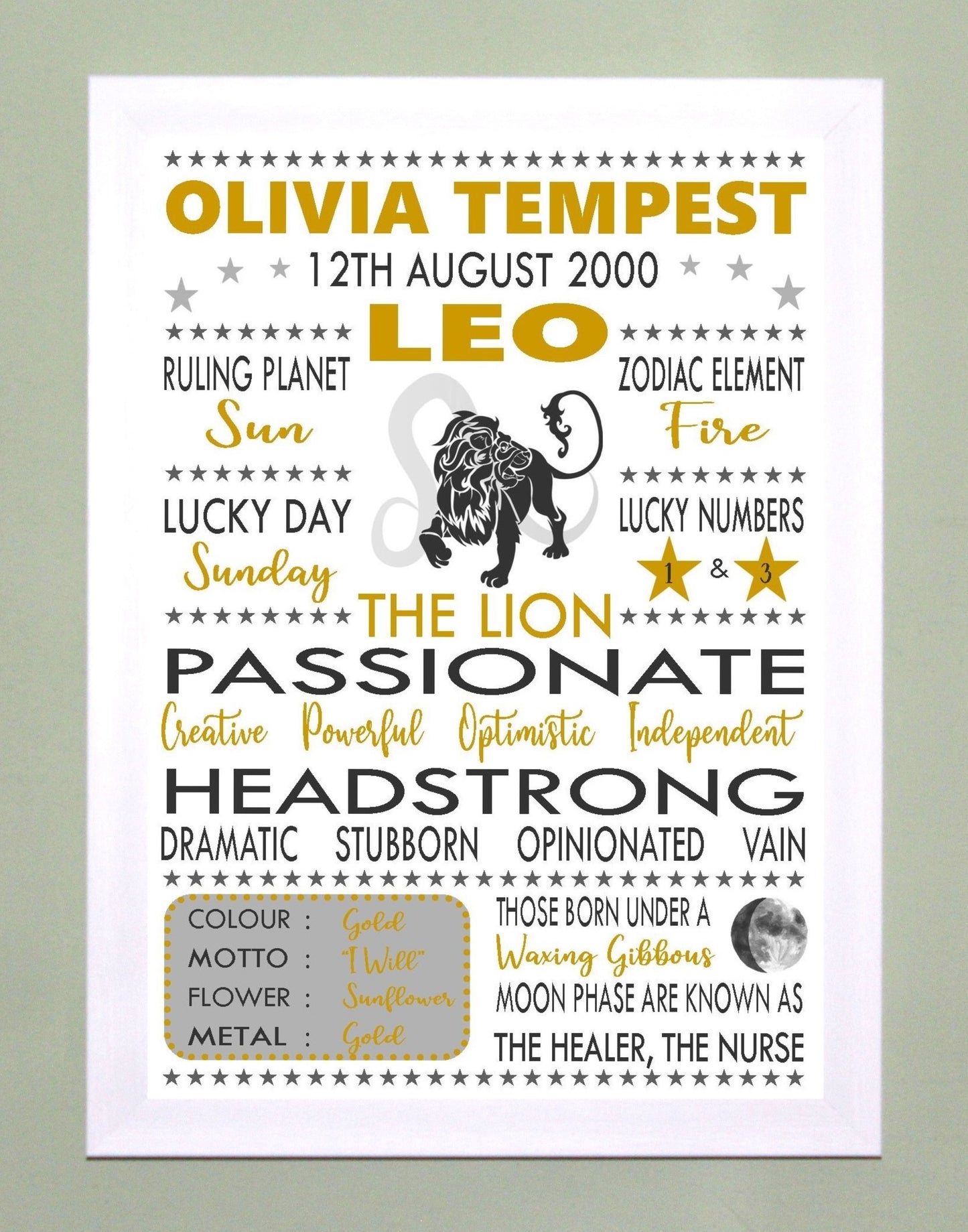 Personalised Leo Star Sign Zodiac Birthday Horoscope Print Poster